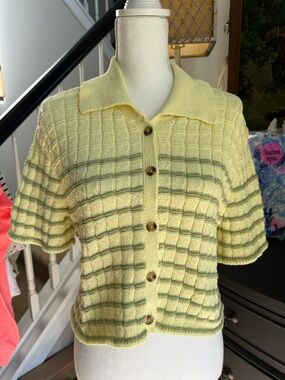 Kimchi Blue Pale Yellow Knit Short-Sleeve Cardigan with Green Stripes
